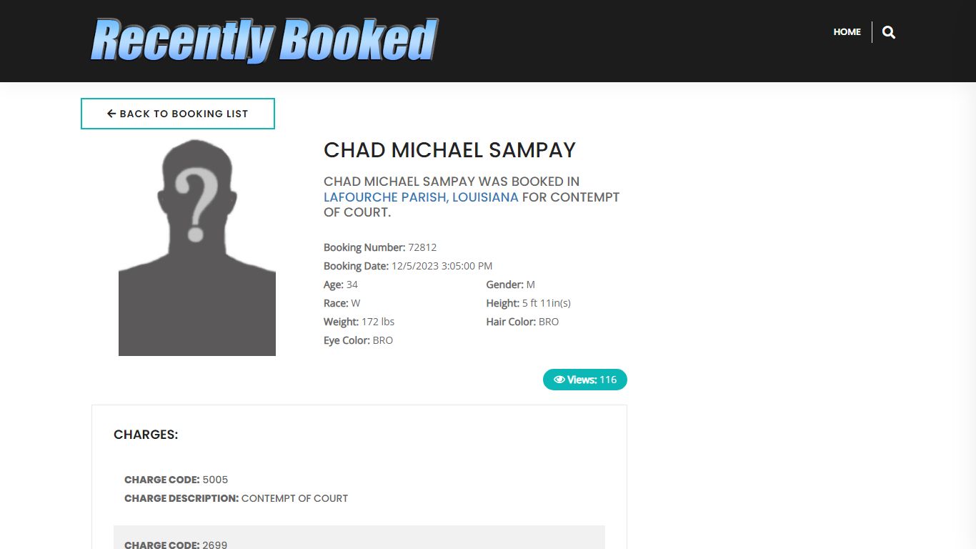 Recent Booking / Mugshot for CHAD MICHAEL SAMPAY in Lafourche Parish ...